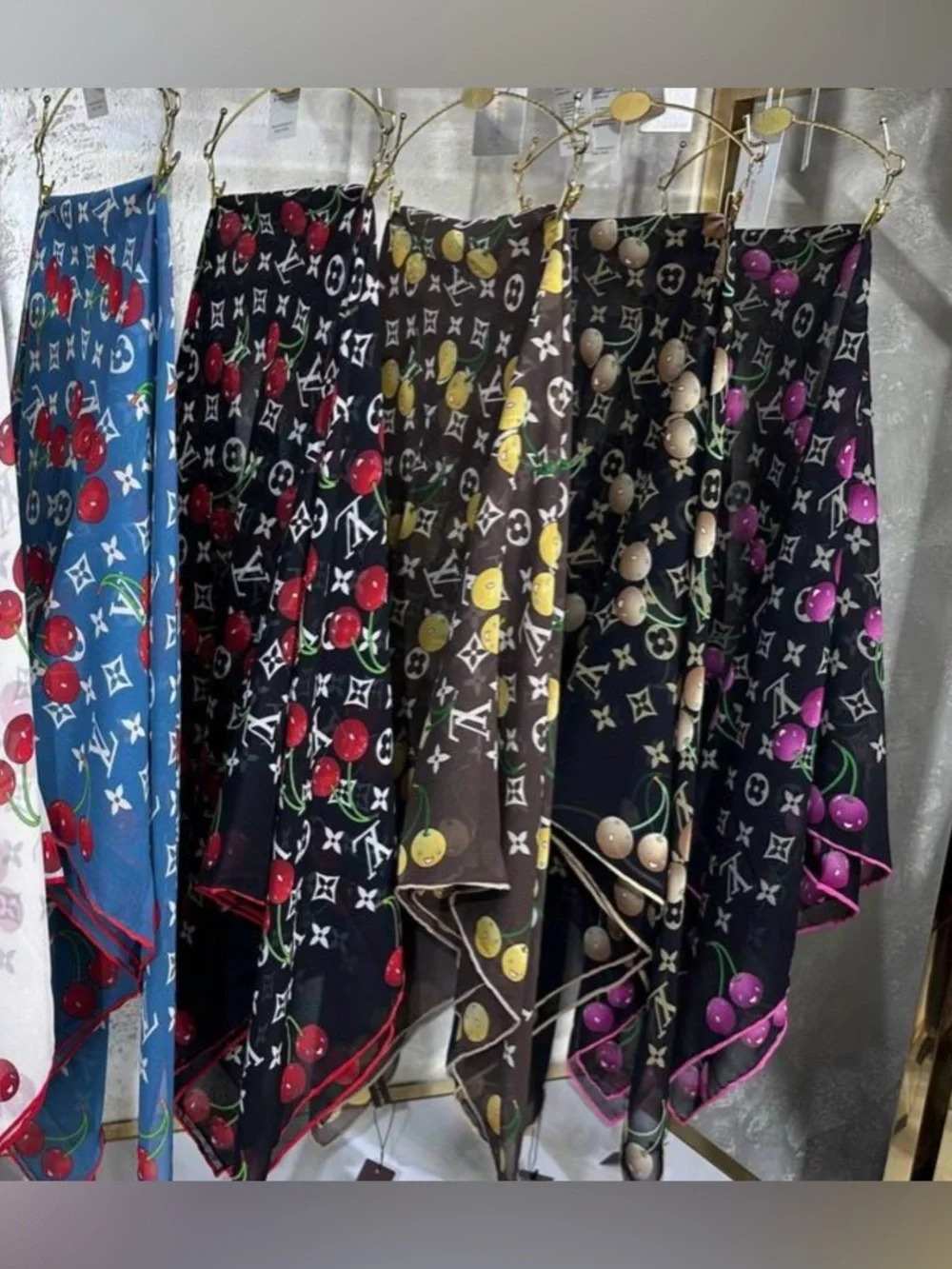 LOUIS VUlTTON 100% silk cherry print monogram scarf 40x40 custom print design